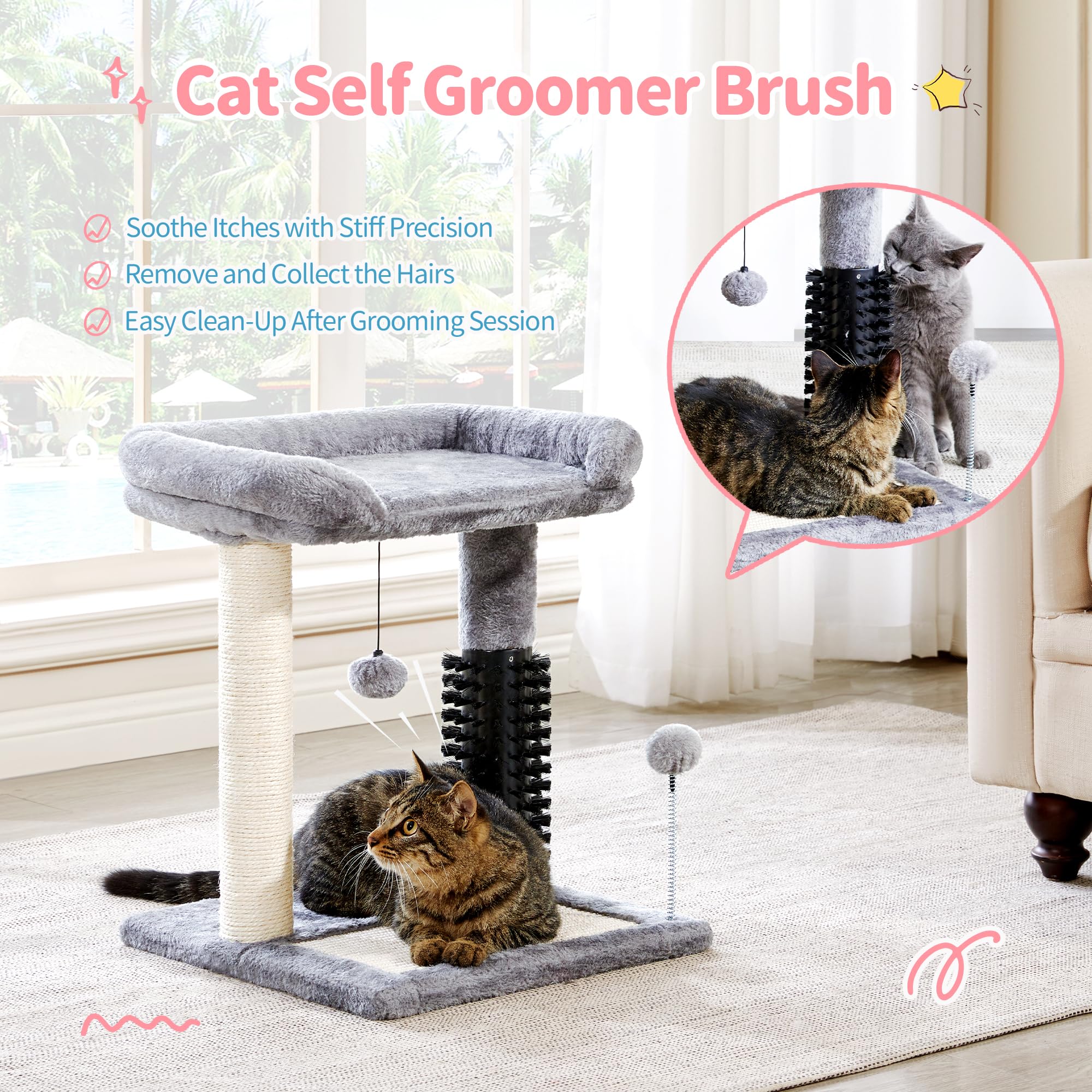 Made4Pets Small Cat Tree Tower, Cat Scratching Post 4-In-1 With Self Groomer Brush, 20'' Tall Natural Sisal Cat Scratcher, Soft